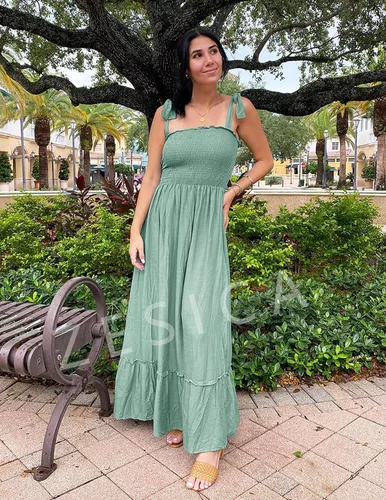 Vista 8 de ZESICA - Vestido largo bohemio de verano para mujer, diseño acampanado, con tirantes delgados, cuello cuadrado y volantes, para la playa, unicolor