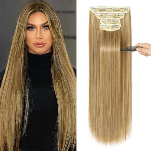 Vista 32 de REECHO - Juego de 4 extensiones de cabello sintético con clip de 12 pulgadas, 14 pulgadas y 16 pulgadas, lacio, largo y grueso, marrón oscuro