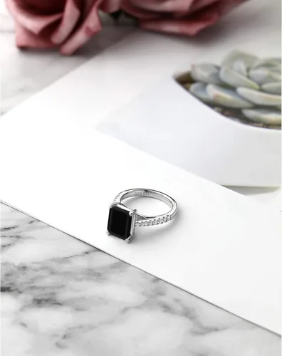 Vista 4 de Gem Stone King Anillo de compromiso de plata de ley 925 con ónix negro y zafiro blanco para mujer piedra natal de 339 quilates corte esmeralda