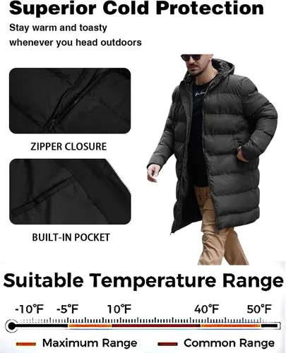 Vista 4 de Runcati Abrigo acolchado con capucha para hombre, chaqueta larga y cálida de invierno, gruesa y acolchada con capucha