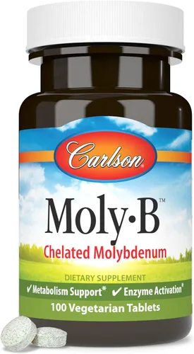 Vista 5 de Carlson Moly-B, apoyo para el metabolismo, 100 tabletas vegetarianas Suplementos quelados de molibdeno; Activación enzimática; Quelato