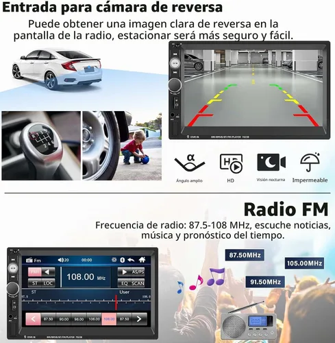 Vista 4 de UNITOPSCI Estéreo de coche doble DIN de 7 pulgadas con pantalla táctil de audio para automóvil con audio Bluetooth, llamadas manos libres, cámara