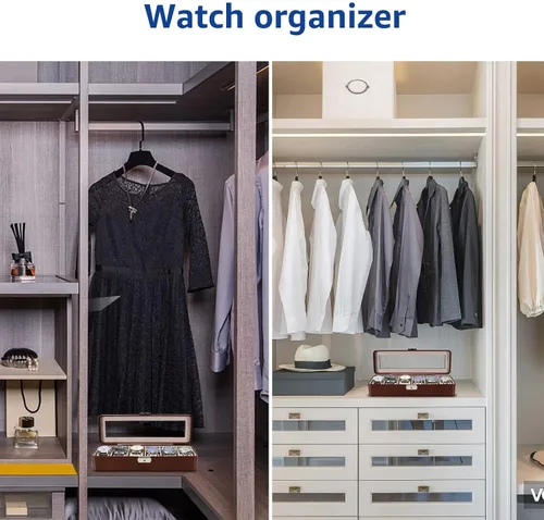 Vista 5 de Caja organizadora de relojes para hombres y mujeres, caja de reloj con 6 ranuras para reloj, pantalla de reloj de piel sintética con ventana