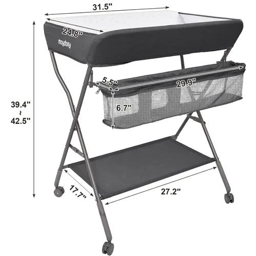 Vista 3 de Mesa de Cambiar para Bebé con Ruedas, Maydolly Estación de Pañales Portátil Ajustable en Altura Plegable con Organizador de Guardería y Estante