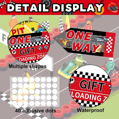 Vista 8 de Hooqict 20 piezas de decoración de fiesta de coche de carreras, letreros direccionales para fiestas de coches de carreras, suministros de fiesta