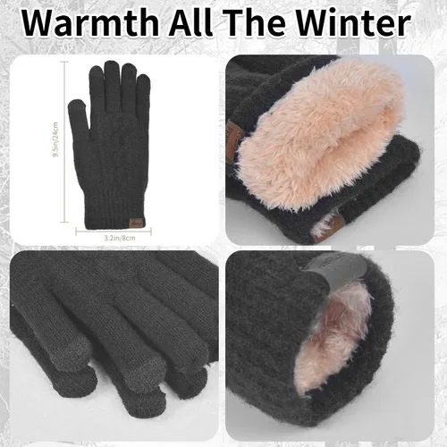 Vista 4 de Conjunto de gorro de invierno para mujer, gorro clásico con pompón extraíble, bufanda larga, guantes para pantalla táctil, juego 3 en 1