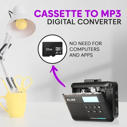 Vista 3 de Reproductor de casete K7, convierte cintas a digitales, micrófono Negro - 32GB