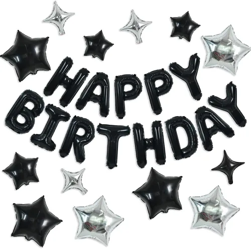Vista 28 de TONIFUL Pancarta de Globos Negros de Feliz Cumpleaños de 16 Pulgadas con Letras de Papel de Aluminio Mylar, Cartel Banderín Reutilizable