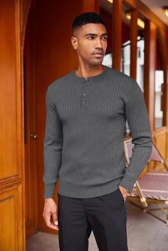 Vista 27 de COOFANDY Suéter de punto Henley para hombre, manga larga, con botones, ligero, para otoño, ajustado, acanalado