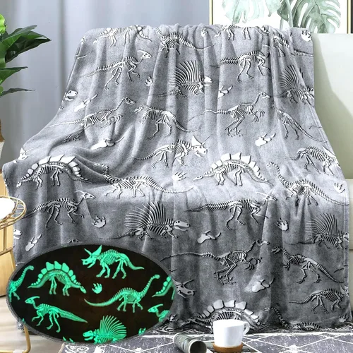 Vista 10 de Manta de dinosaurio que brilla en la oscuridad, manta de dinosaurio para niños, franela suave, regalos para amantes de los dinosaurios, mantas