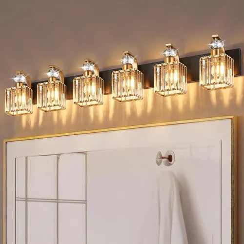Vista 11 de Lámpara Moderna de Tocador de Baño, Luminarias de Baño de 4 Luces Negro Dorado Sobre Espejo, Aplique de Pared de Cristal de 28.4