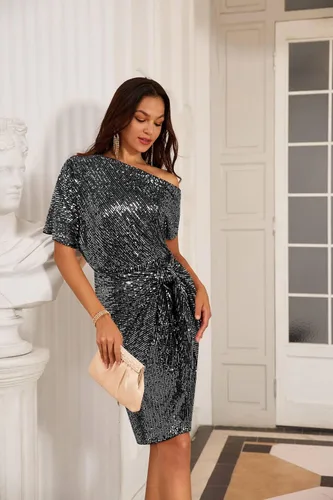 Vista 3 de GRACE KARIN Vestido de fiesta con lentejuelas brillantes y purpurina para mujer, vestido de cóctel fruncido con un hombro descubierto