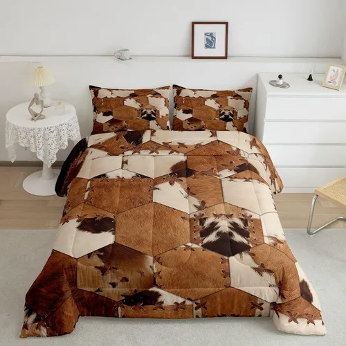 Vista 31 de Ropa de cama con estampado de vaca marrón tamaño individual, juego de edredón rústico de piel de vaca con calavera de vaca, relleno de edredón