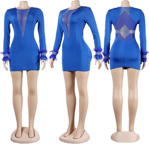 Vista 4 de CUTUBLY Women's Sexy Spaghetti Strap Rhinestone Clubwear Feather Hem Mini Dress Club Night Outfit