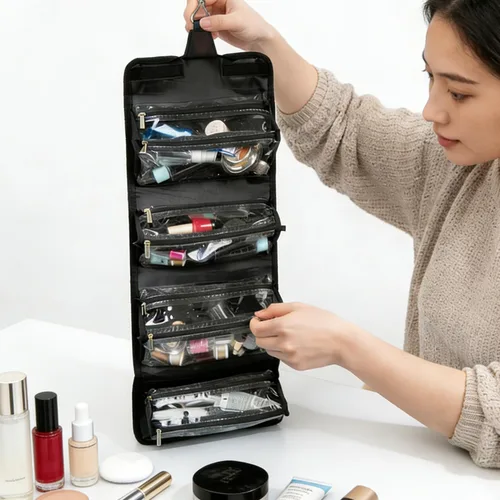 Vista 3 de ROYALFAIR Bolsa de maquillaje enrollable, bolsa de aseo de viaje para mujer con 4 bolsas transparentes aprobadas por la TSA, organizador de viaje