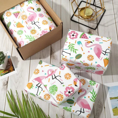 Vista 4 de JarThenaAMCS 100 hojas de papel de seda hawaiano, papel de regalo tropical, hojas de palma, flamenco, papel decorativo para manualidades, verano
