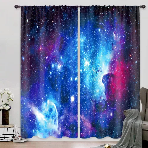 Vista 13 de Riyidecor Cortinas y Drapes Galaxia Espacio Nebulosa Cortinas de Cocina (2 Paneles 29.5 x 63 Pulgadas) Azul Bolsillo para Varilla Universo Planetas