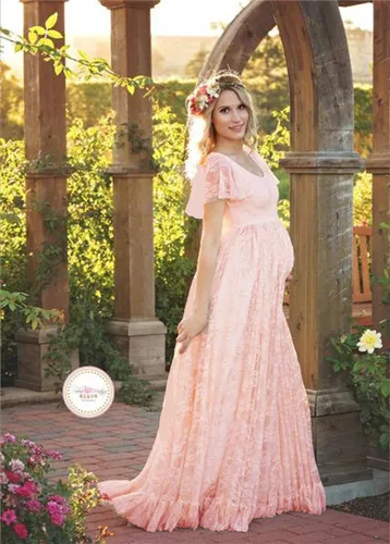 Vista 2 de ZIUMUDY Vestido largo de manga corta con encaje de maternidad para baby shower