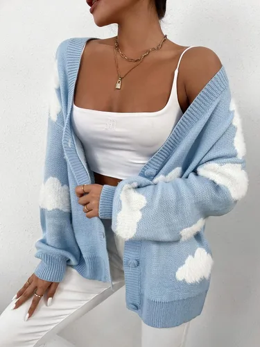 Vista 3 de SOLY HUX Suéter de punto de manga larga con cuello en V y botones para mujer, Azul