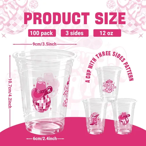 Vista 2 de 100 Piezas Vasos de Plástico Rosa Fiesta Vaquera Occidental 12 OZ Vasos Desechables Disco, Diseños de Sombrero Vaquero, Bota y Bola Disco