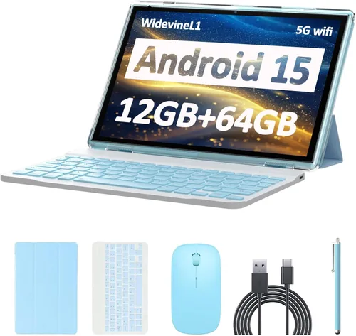 Vista 11 de Tablet Android 15 de 10 pulgadas, 12GB RAM+64GB ROM+1TB expandible, tabletas 2 en 1 con teclado/estuche/ratón/lápiz óptico, procesador de cuatro