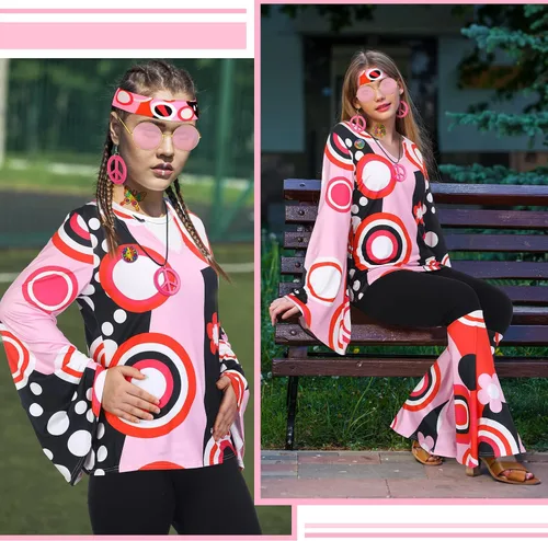 Vista 6 de Jiuguva Conjunto de 17 piezas de disfraz hippie de los años 60 y 70 para mujer, vestido de discoteca, pantalones bohemios, acampanados, camisa