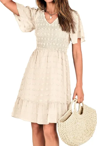 Vista 8 de BTFBM - Vestido de vacaciones en la playa para mujer, cuello en V, manga corta, fruncido, plumetí, casual, con volantes,vestidos cortos