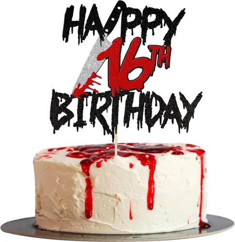 Vista 10 de 1 pieza de decoración de pastel de cumpleaños con purpurina montada con purpurina clásica de Halloween para torta de terror sangrienta temática