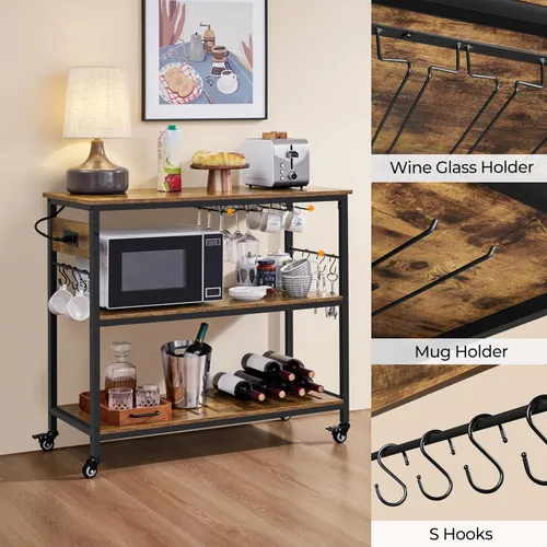 Vista 5 de Yaheetech - Carrito de isla de cocina con toma de corriente, 3 estantes, color marrón rústico 40 Inches Rolling Kitchen Island With Storage,3-Tier