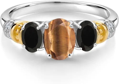 Vista 2 de Gem Stone King Anillo de plata 925 con ojo de tigre marrón ovalado de 2.08 quilates y oro amarillo de 10 quilates