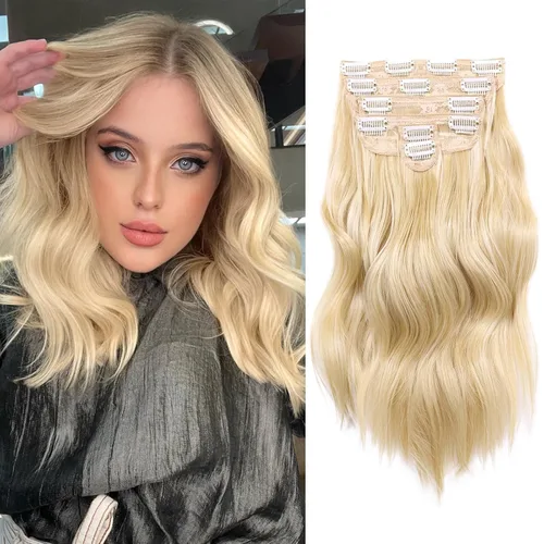 Vista 28 de NAYOO - Extensiones de cabello con clip, extensiones sintéticas onduladas de 20 pulgadas, 6 unidades Wavy Curly Hair, Full Head Coverage, Heat