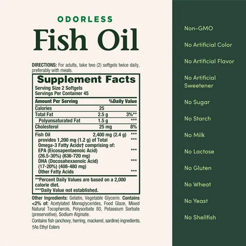 Vista 6 de Nature's Bounty Aceite de pescado inodoro, 1200 mg de omega-3 por porción, incluye EPA y DHA, apoya la salud del corazón, purificado para eliminar