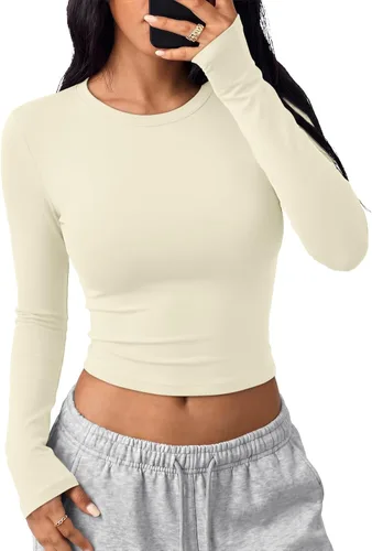 Vista 22 de Trendy Queen Camisetas cortas de manga larga para mujer, camisetas básicas Blanco