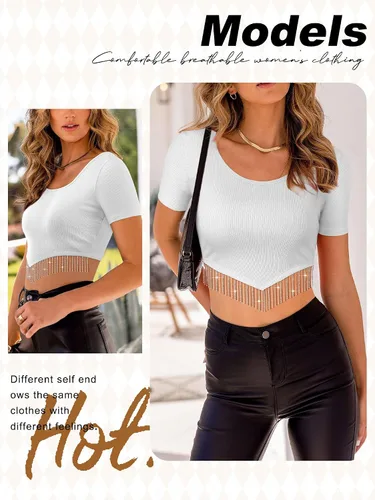 Vista 3 de Dresswel Nashville - Blusa corta brillante de manga corta con flecos de diamantes de imitación para verano, blusa corta con borlas y purpurina