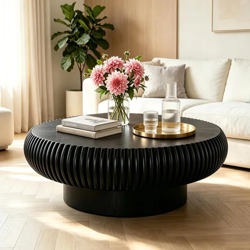 Vista 11 de Mesa de centro de tambor de 31.5 pulgadas, moderna y única, mesa de té acanalada, mesa de centro redonda de madera contemporánea con mesa central
