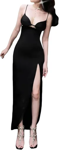 Vista 2 de Kimydreama Vestido largo sexy ajustado con tirantes delgados para mujer, sin mangas, cuello en V, hueco, muslo, abertura alta, sin espalda
