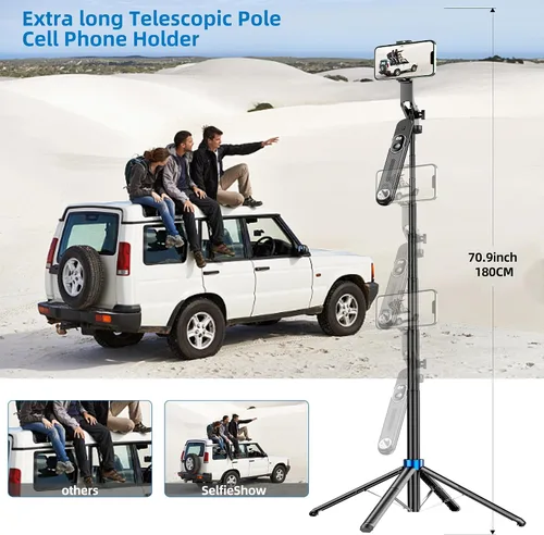 Vista 4 de Selfie Stick - Trípode para teléfono celular 71 con control remoto, adaptador de rosca de tornillo de 1/4 pulgadas, trípode de viaje para grabación