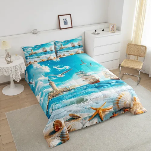 Vista 6 de Castle Fairy Juego de edredón de verano para niños, tamaño individual, diseño náutico reversible con diseño náutico de estrellas de mar, barco y Azul
