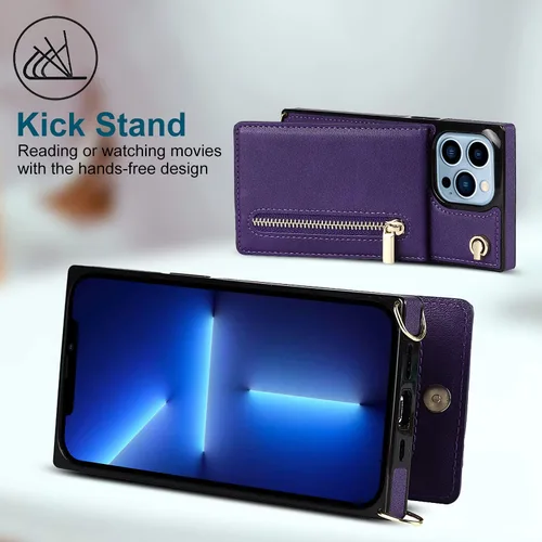Vista 4 de Funda compatible con iPhone 13 de 6.1 pulgadas, a prueba de golpes, bolsillo con cremallera, correa de hombro, elegante funda protectora para iPhone