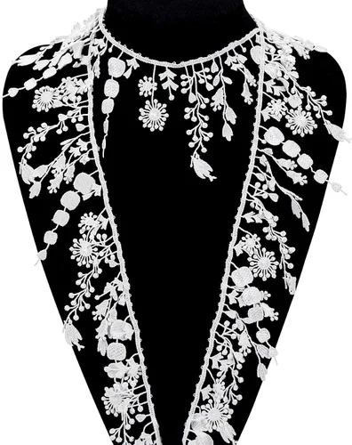 Vista 3 de OIIKI Borde de encaje blanco de 5 yardas con cinta de borlas, bordado inelástico, encaje de flores para bordes, borde de flecos de borla