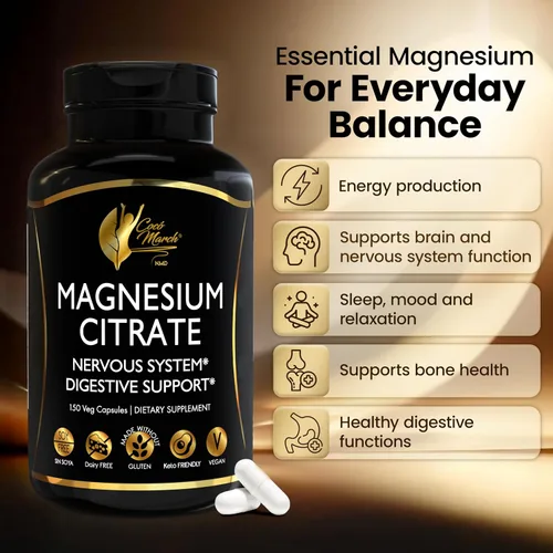 Vista 2 de Cocó March N.M.D Citrato de magnesio de 500 mg por porción, sin gluten, apoya el sueño, la salud digestiva, la función muscular y la relajación