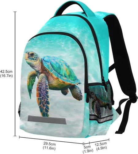 Vista 6 de Mochila para niños y niñas, mochila de viaje con flores de caballo blanco, mochila de escuela primaria para niños y niñas, tortuga marina, Mochilas
