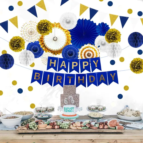 Vista 8 de Juego de 24 piezas de decoración de fiesta de cumpleaños azul marino dorado para baby shower with Hanging Paper Fans Pom Poms Flowers Garland