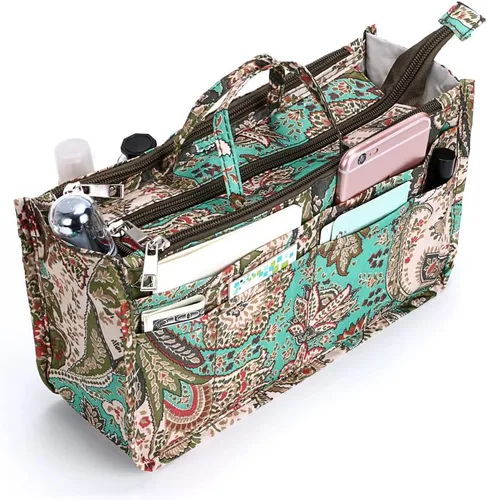 Vista 5 de BTSKY Organizador de bolso de mano de impresión dentro del bolso, alta capacidad, 13 bolsillos, organizador con asa, flor de pavo real