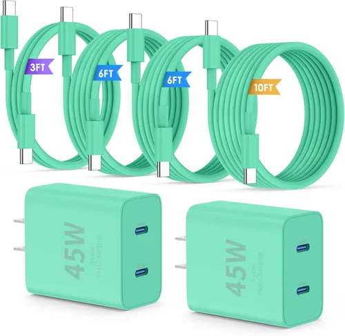 Vista 16 de QZIIW Cargador Samsung súper rápido tipo C, bloque de cargador rápido USB C de 45 W de doble puerto [paquete de 2] y cable USB C extralargo de 60 W