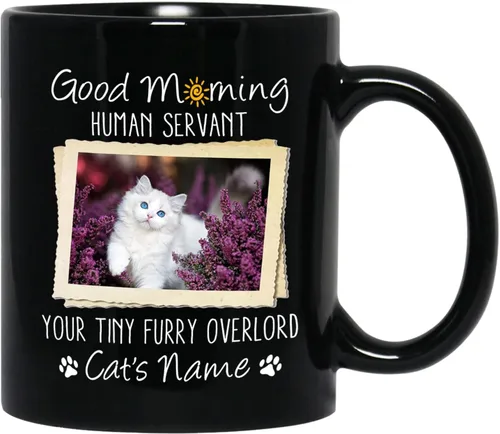Vista 12 de Taza de cerámica negra personalizada para elegir nombre y foto con texto en inglés "Best Cat Dad Ever Just Ask", taza de café personalizada de 11