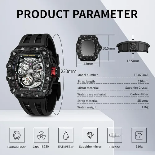 Vista 5 de TSAR BOMBA Reloj para hombre, reloj automático impermeable de 164.0 ft, esqueleto mecánico Tonneau con esfera de cara grande, reloj negro
