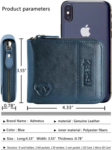 Vista 59 de Admetus - Cartera de piel auténtica para hombre con cremallera, plegable