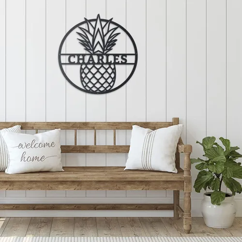 Vista 7 de RealSteel Arte de pared personalizado de metal de piña, letrero de nombre familiar con monograma tropical personalizado Decoración de casa