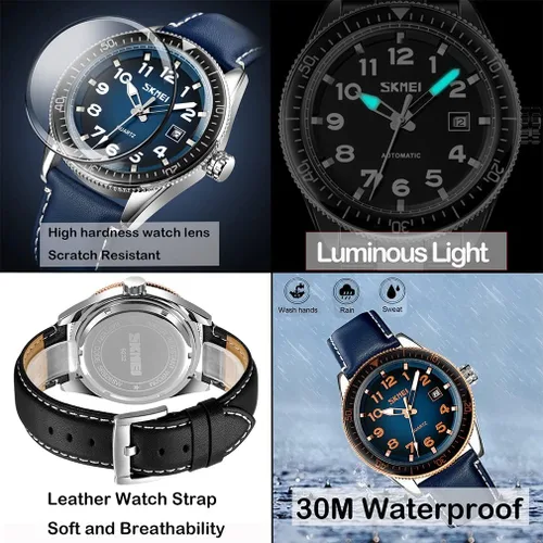 Vista 4 de SKMEI Relojes para hombre, correa de cuero negro, deportivo, grande, grande, de lujo, impermeable, luminoso, vestido de moda, casual, analógico